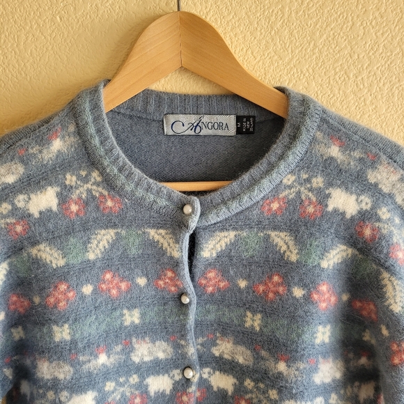 Vintage Spring Creek Angora Sweater Fair isle Blue Sheep Flower Cardigan Size M - Picture 2 of 8